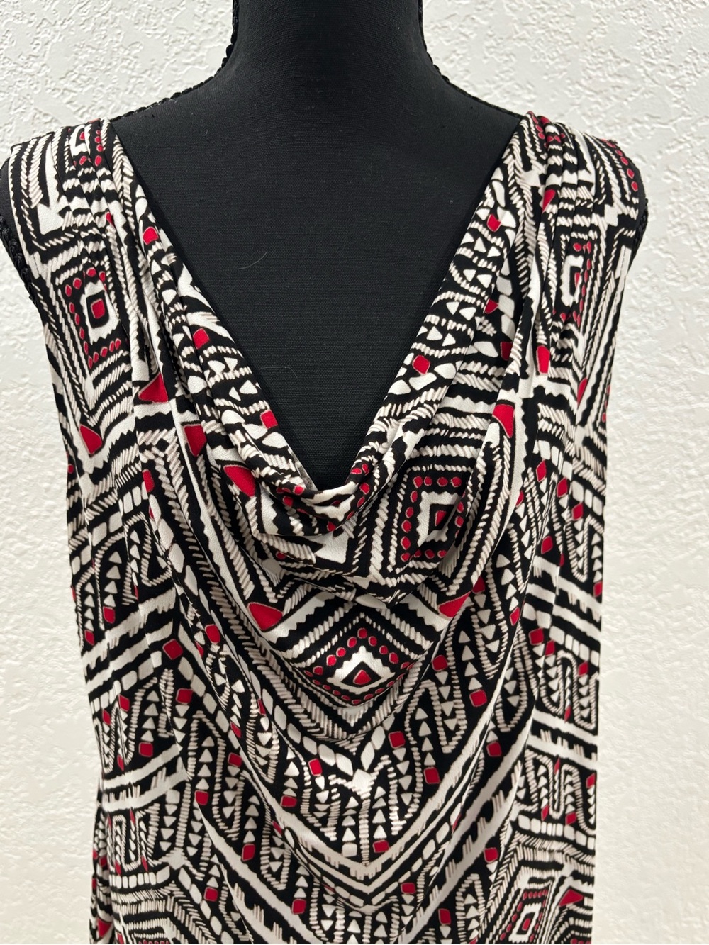 Calvin Klein Geometric Pattern Cowl Neck Sleeveless Blouse.